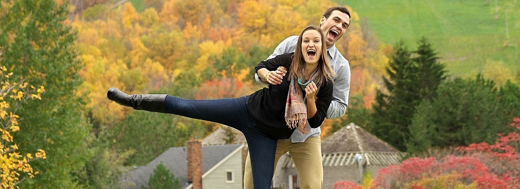 blue mountain village photographer collingwood photographer blue mountain engagement fall Joyful Couple at Blue Mountain Village