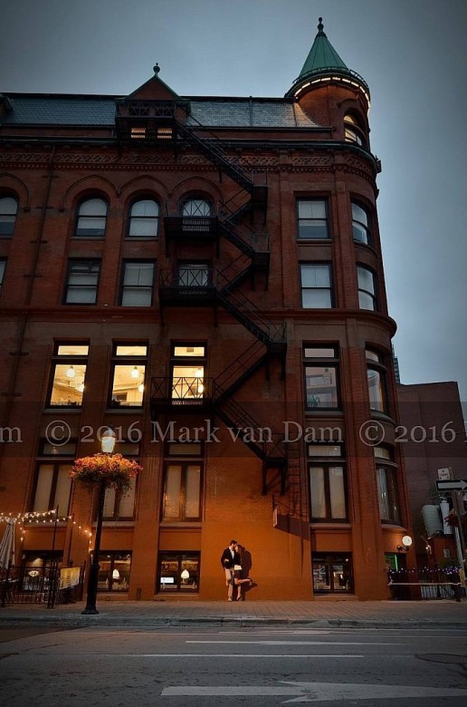 Toronto Engagement Photographer: Kathryn and Kent's Twilight Engagement Session by the St. Lawrence Market and Gooderham Flatiron Building
