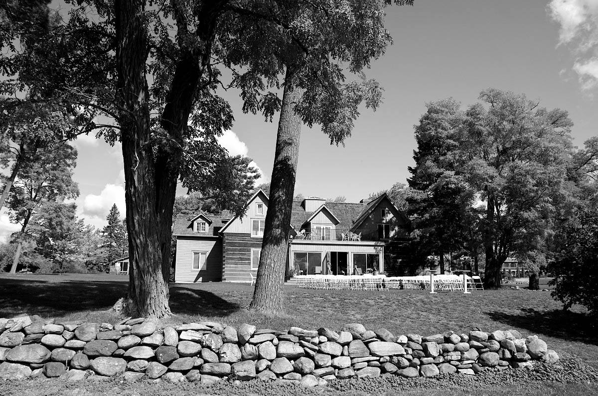 Wedding ceremony chairs lined up in front of the historic Dunsford House at Eganridge Resort in Fenelon Falls near Bobcaygeon