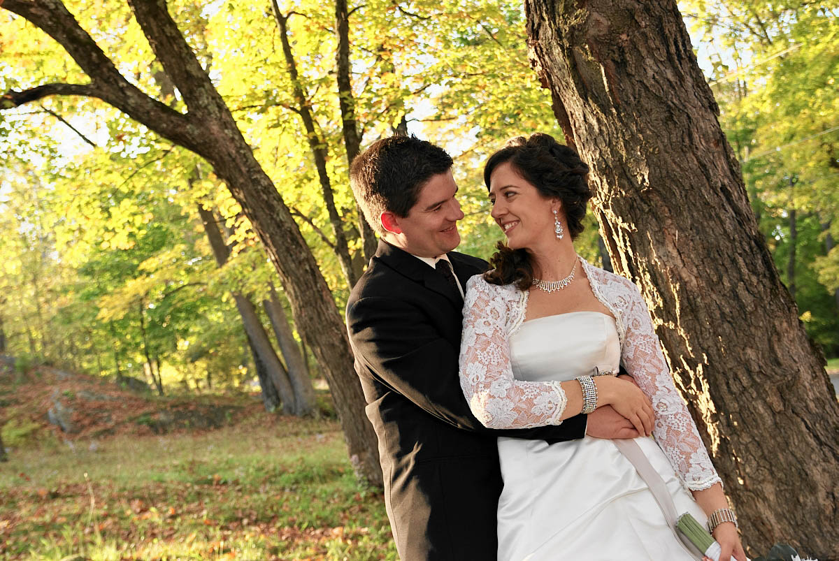bride and groom in forest at viamede resort wedding