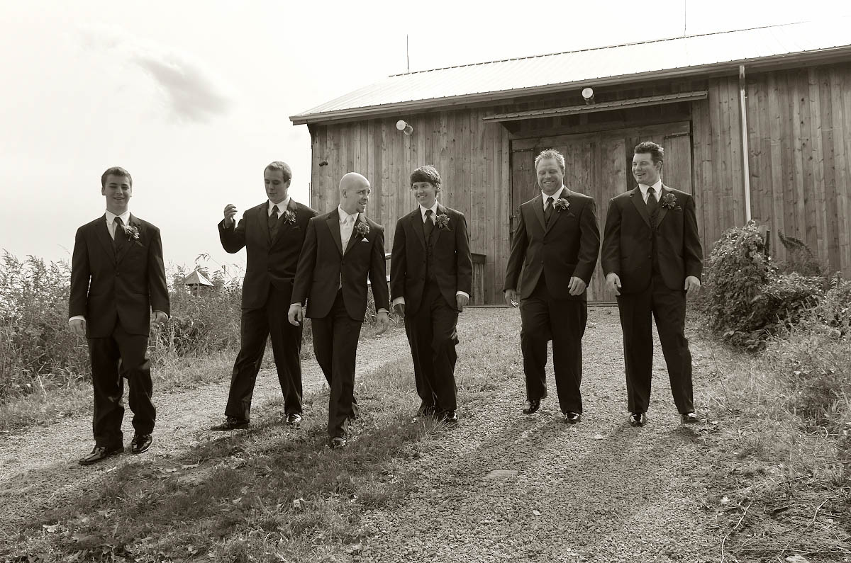 groomsmen walking away from barn belcroft tree farms