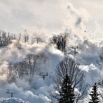 Ski Lifts at Horseshoe Valley Resort Partially Obscured by snow making.