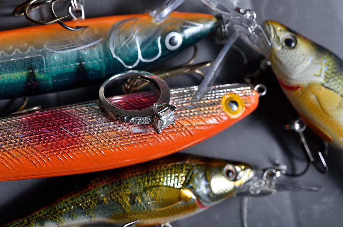 engagement ring on fishing lure
