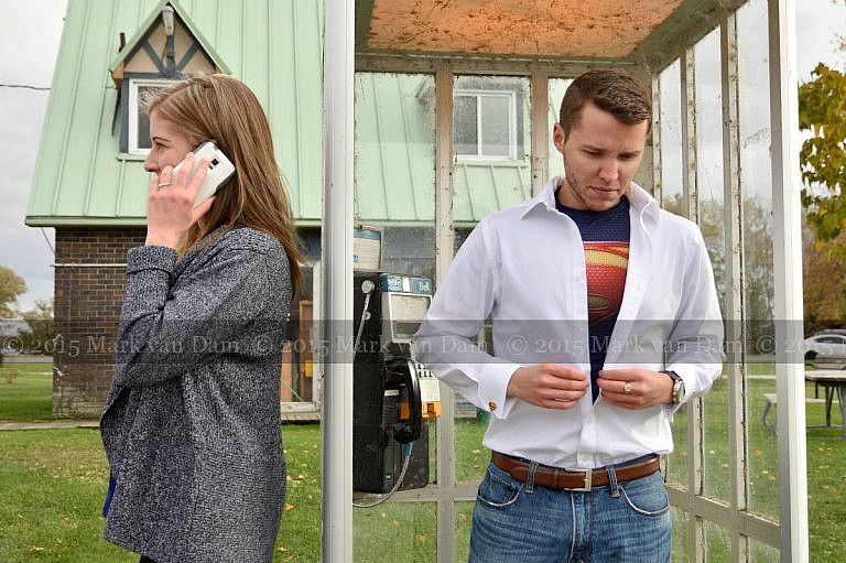 cleark kent turning into superman during Orillia engagement photography session