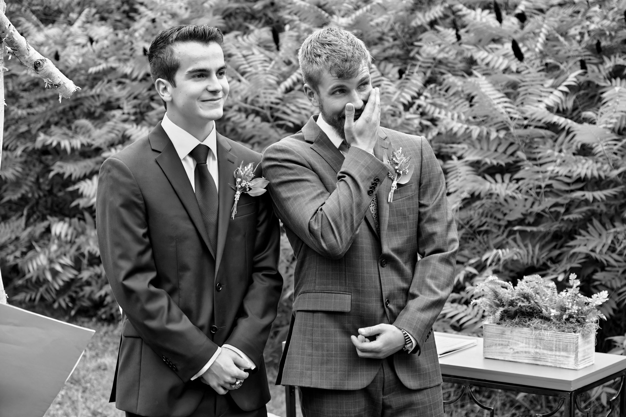 Teary Eyed Groom watches his Bride Approach at Outdoor Powassan Wedding Ceremony